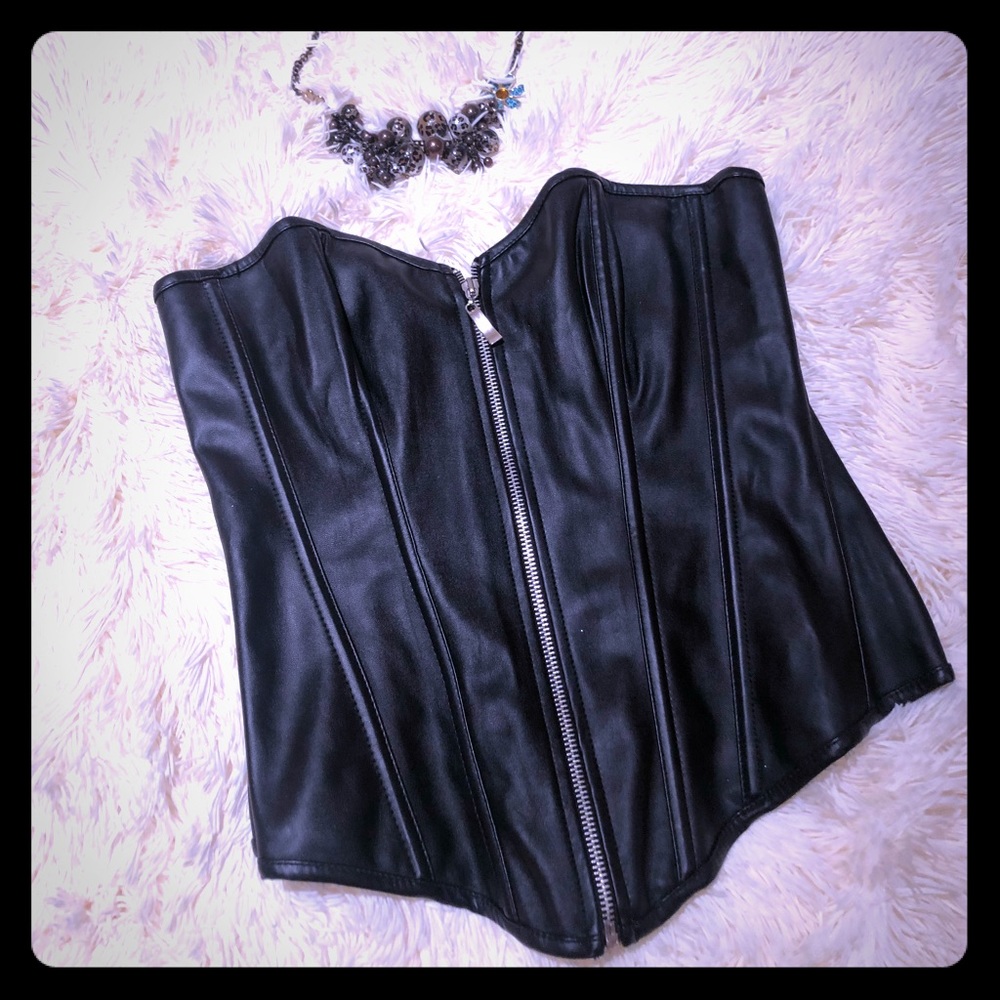 Faux Leather Zipper Front Bustier Corset Top Black